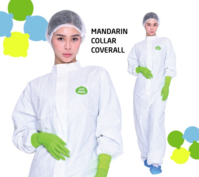 Non-sterile cleanroom coverall with mandarin collar, hood with integrated facemask and overboots