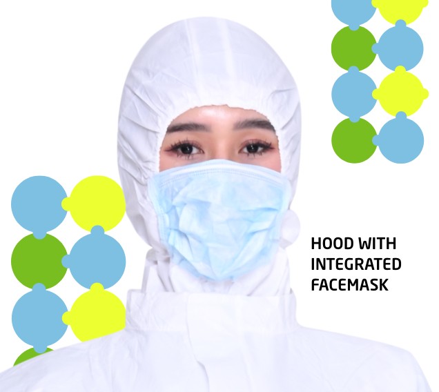 Non-sterile cleanroom coverall with mandarin collar, hood with integrated facemask and overboots