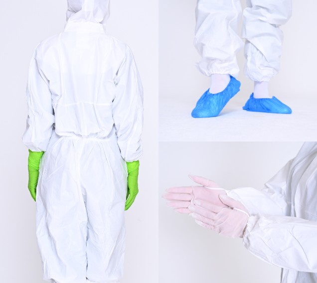 Non-sterile cleanroom coverall with mandarin collar, hood with integrated facemask and overboots